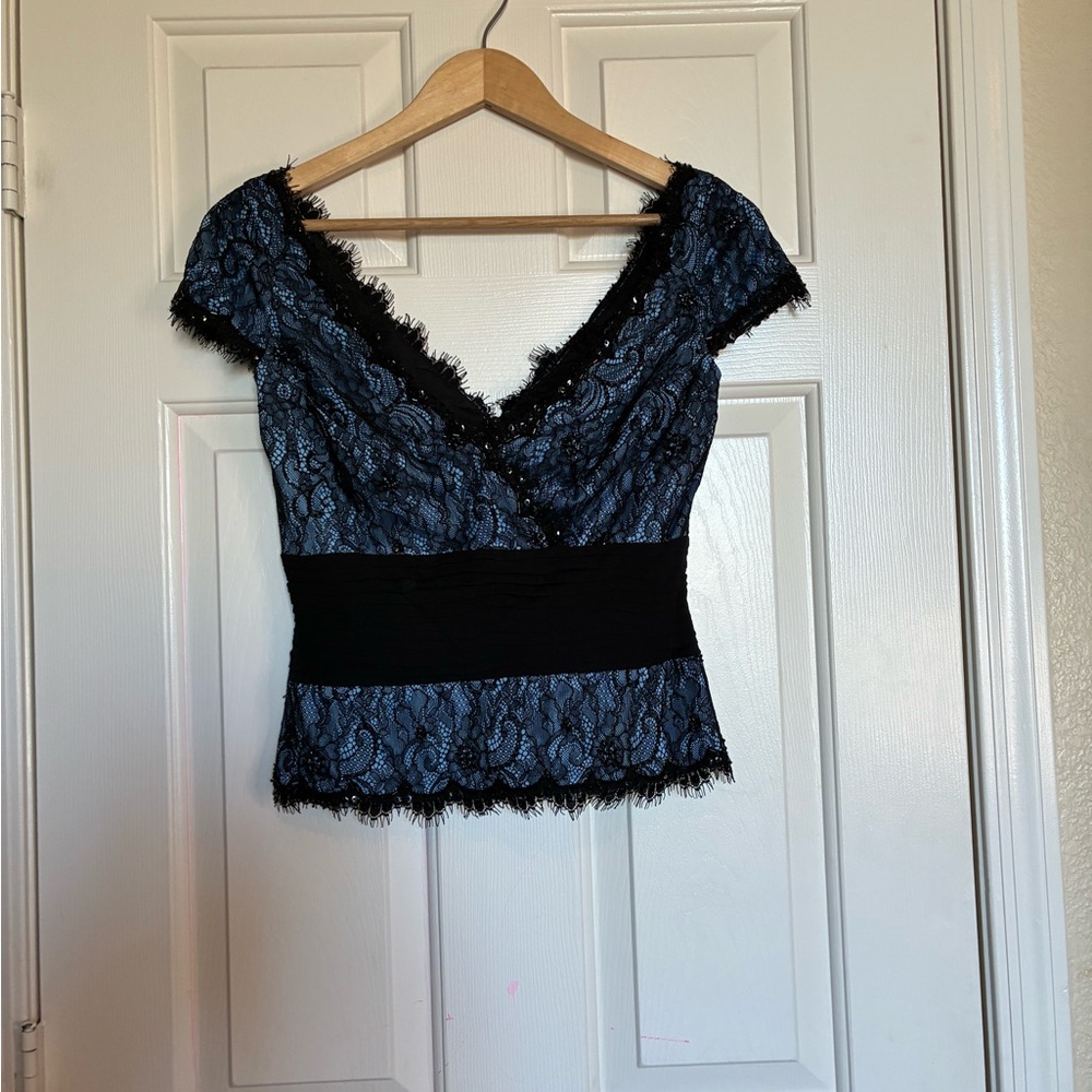 Tadashi Shoji Blue and Black Lace Top